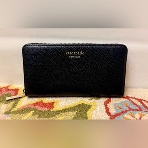 Kate Spade New York Large Black Leather Zip-Around Continental Clutch/Wallet